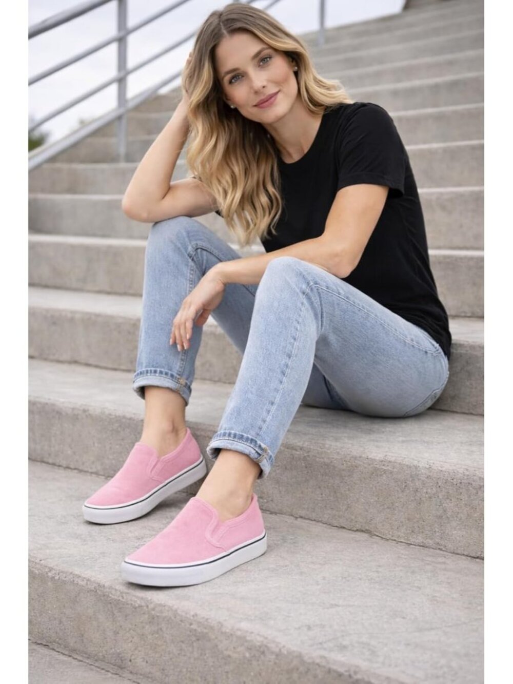 Women's Light Pink Round Toe Padded Insole Collar Canvas Slip On Sneaker Shoes - Picture 2 of 7